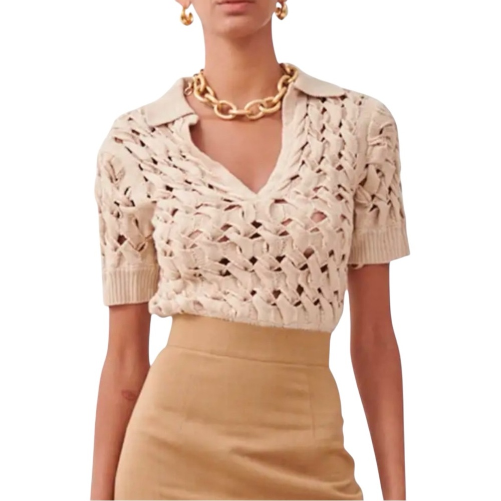 Ronny Kobo Collection Open-Knit Polo Short Sleeve Top in Cream
